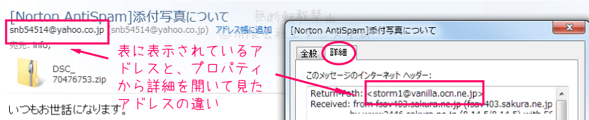 DHL発送や写真ファイル添付の迷惑メール詳細プロパティ